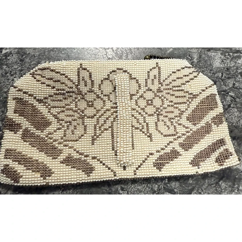 Antique Beaded Coin Purse Belt Purse Glass Beads Linen Lined‎ Czechoslovakia